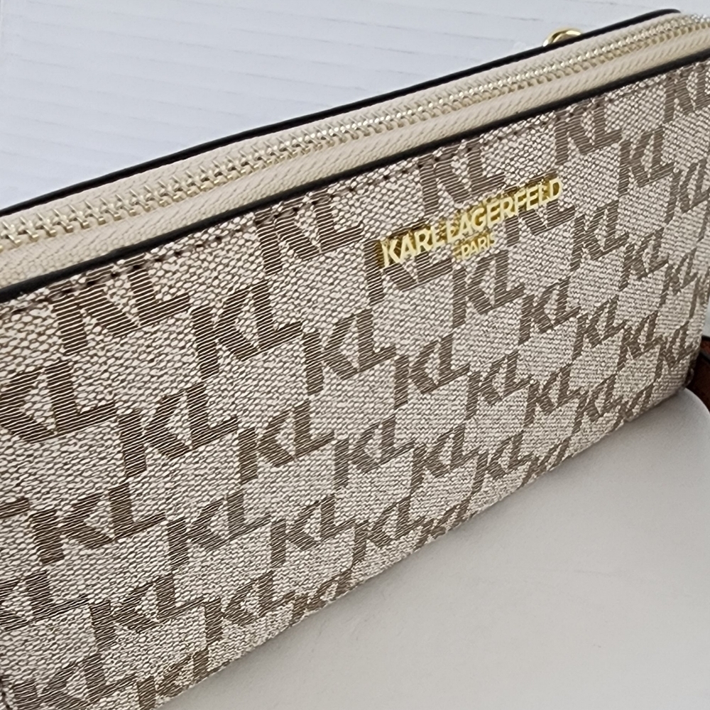Karl Lagerfeld Monogram Brown Leather Wristlet Taupe Women's Crossbody - Picture 5 of 13